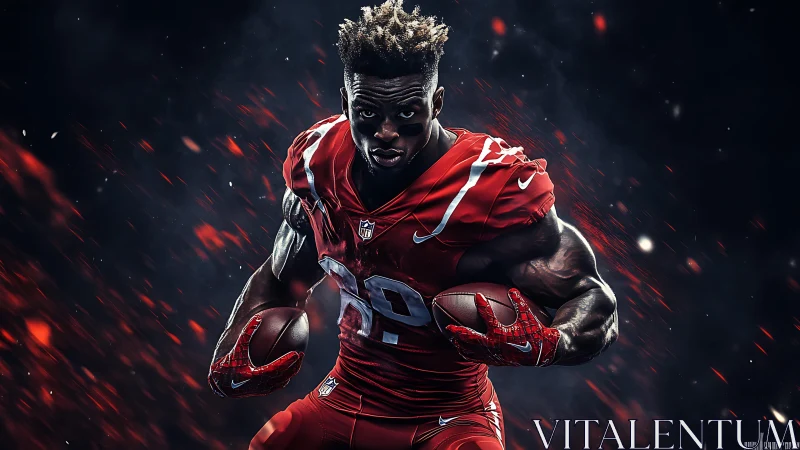 Explosive football runner in fiery red digital rendering.
