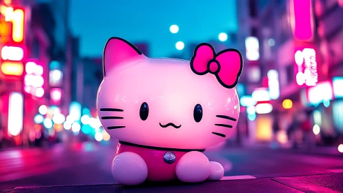 Cartoon cat figurine sits on neon city street at night