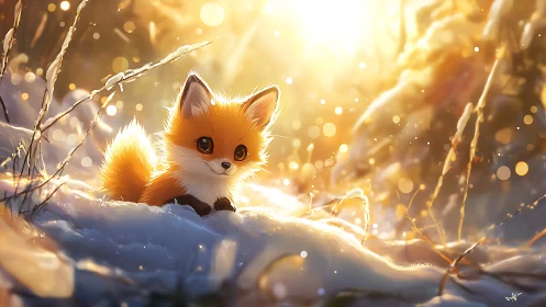 Golden backlit fox cub resting in luminous winter snowfield.