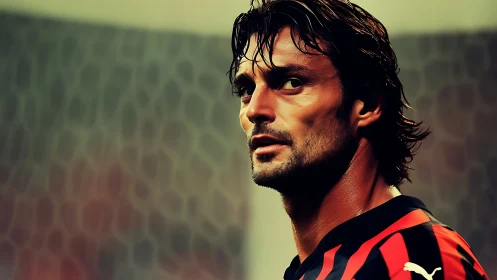 Intense football portrait with dramatic stadium bokeh lighting.