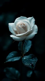 White Rose With Glistening Dewdrops Against Dark Moody Background
