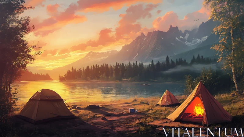 Golden hour lakeside campsite beneath rugged peaks.