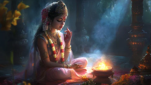 Moonlit maiden at sacred fire in jeweled temple hush.