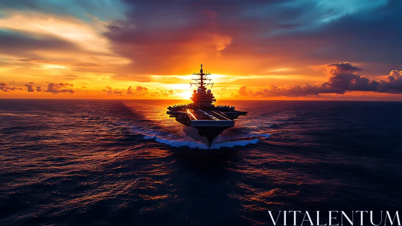 Sunset-lit aircraft carrier glides calmly across open ocean
