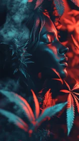 Neon foliage cradles a tranquil face in chromatic twilight