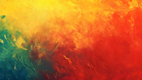 Vivid abstract painting in fiery yellow, red, and teal tones.