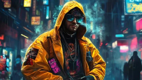 Neon‑lit cyberpunk drifter in reflective yellow rain shell.