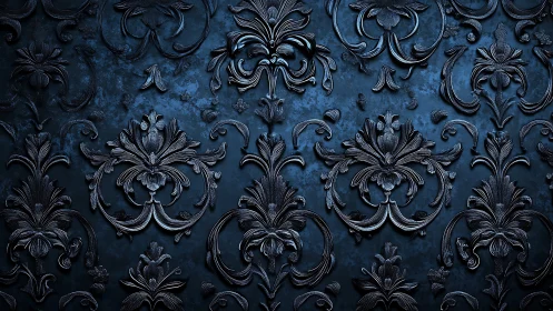 Ornate dark blue baroque floral pattern glows in relief.