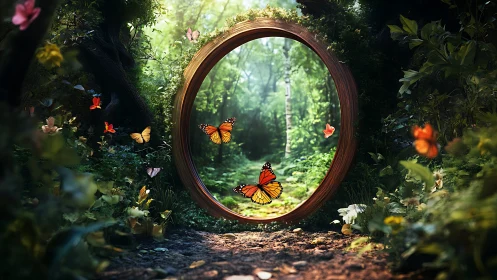 Circular forest portal encircled by butterflies in light.