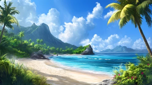 Tropical Paradise Cove with Verdant Peaks.