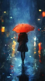 Solitary figure walks under a red umbrella in neon rain
