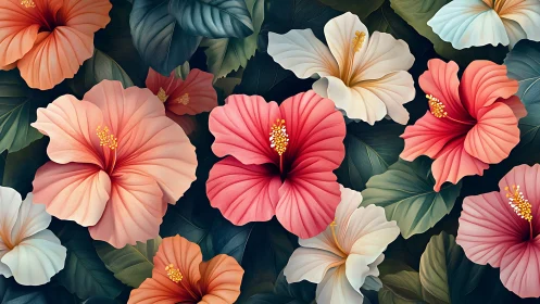 Hibiscus flowers in pink, coral, and white rendered with digital painting technique.