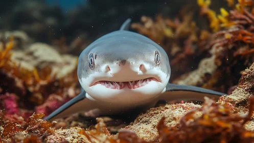 Close-up reef shark portrait in colorful benthic habitat.