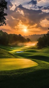 Sunrise light over contoured golf course fairways and greens.