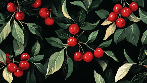 Red cherries and green foliage on dark botanical backdrop.