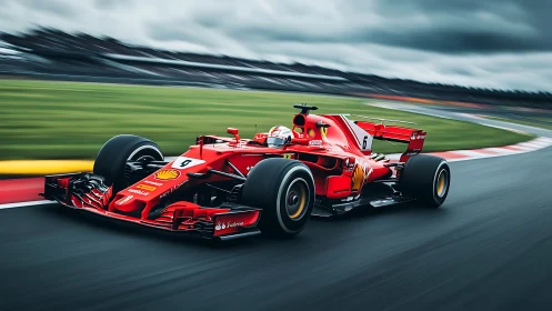 Red single-seater race car on circuit in motion blur.
