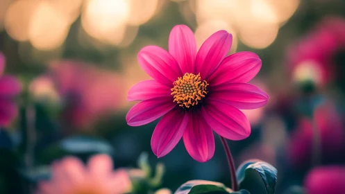 Vibrant Magenta Dahlia in Soft Focus Garden Setting.