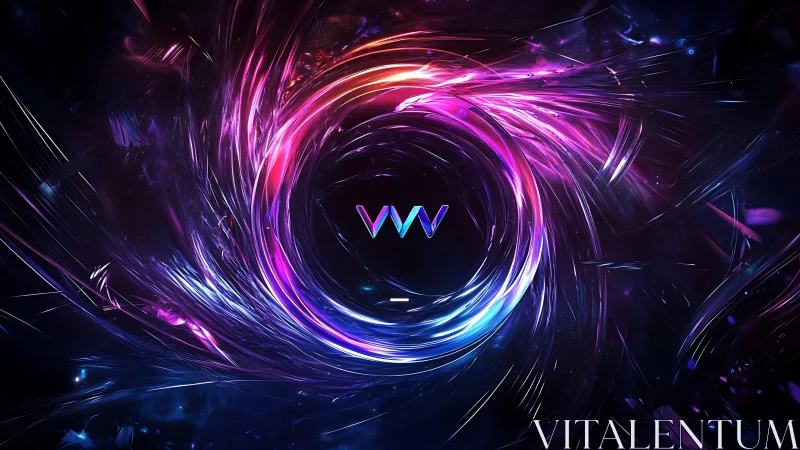 Neon vortex halo swirling around prismatic VVV emblem.
