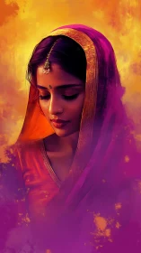 Portrait of veiled woman in golden magenta light glow.