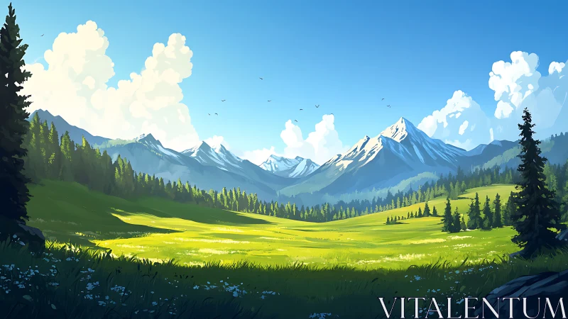 Alpine meadow landscape under clear sky with snowcapped peaks