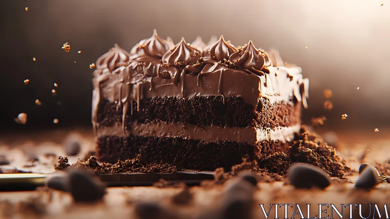 Multi-layer Chocolate Cake with Piped Frosting and Cocoa Garnish Composition.