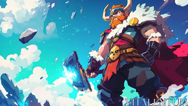 Viking warrior stands under dynamic stylized sky