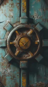 Heavily corroded teal blast door with circular locking hub