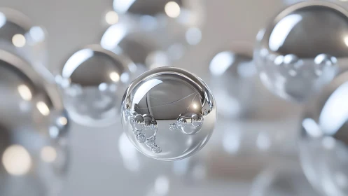 Multiple reflective metallic spheres occupy a shallow depth field