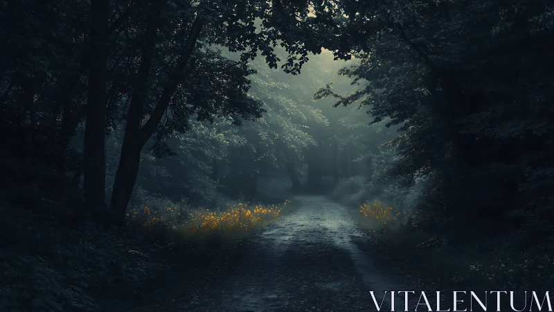 Enchanted Forest Path with Golden Undergrowth and Atmospheric Light.
