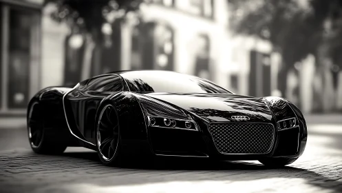 Glossy black sports car on urban street in soft daylight.
