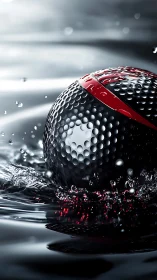 Textured black sphere with red band impacting reflective water.