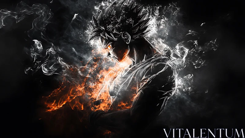 Side profile anime figure outlined in smoke and fire energy