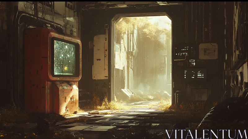 Industrial corridor opens onto overgrown exterior passage