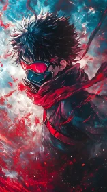 Storm-lit masked hero wrapped in crimson winds of courage.