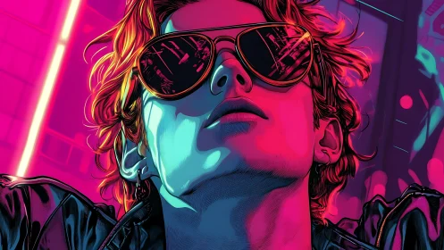 Neon lit portrait isolates reflective aviators and cyan magenta skin
