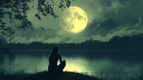 Silhouette of seated figure by lake under large full moon
