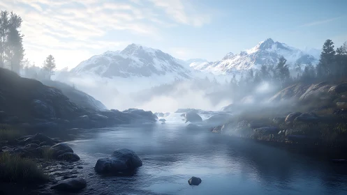 Snowy mountains rise above misty river at tranquil dawn.