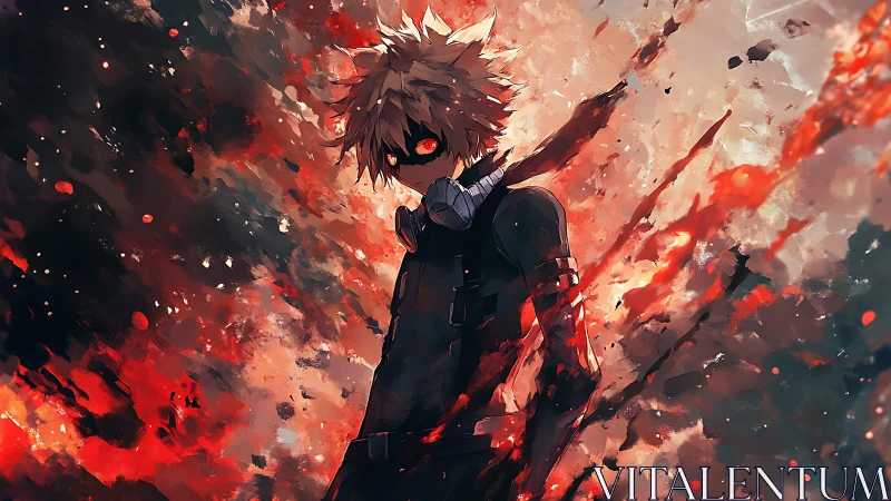 Explosive anime antihero amid blazing abstract chaos.