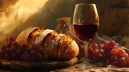 Artisanal Still Life: Crusty Bread, Wine Glass, and Red Grapes in Golden Hour Lighting