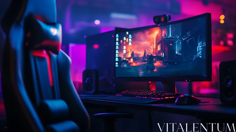 Curved monitor gaming workstation with RGB ambient lighting.