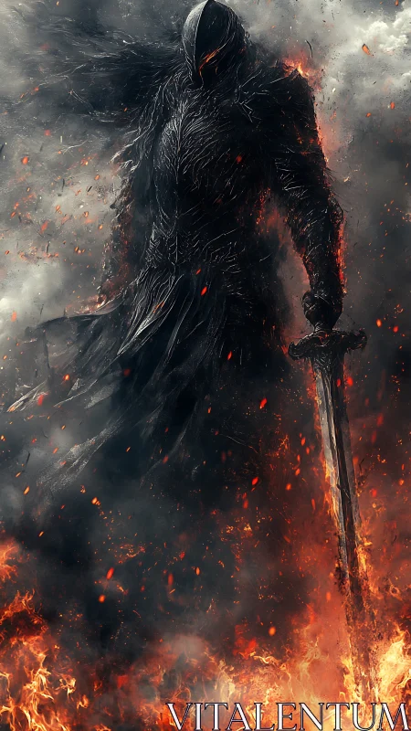 Thermal-shadowed obsidian knight emerging through pyroclastic storm.