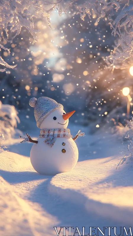 Frost-kissed snowman basking in golden winter fairy lights.