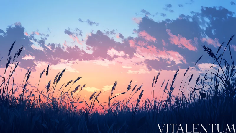 Sunset grassland silhouette under soft blue and pink sky.