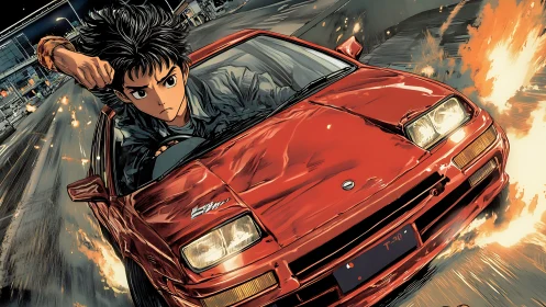 Street racer hurls red sports car through blazing night drift.