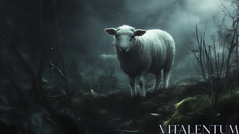 Gentle white sheep wandering through a misty moonlit wood.