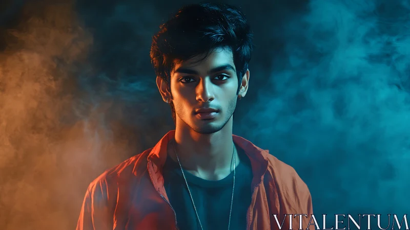 Moody studio portrait glows in cinematic teal and orange haze