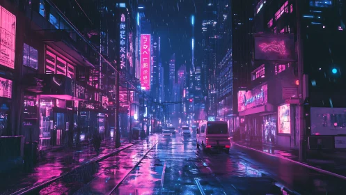 Neon soaked cyberpunk street at night in heavy rain.