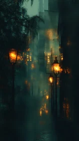 Nocturnal rain alley with diffused gas lamp bokeh glow.