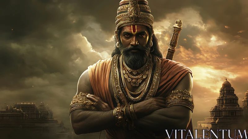 Warrior king in ornate armor stands before ancient temples.