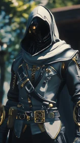 Gilded hooded sentinel in ornate tactical armor at dusk.
